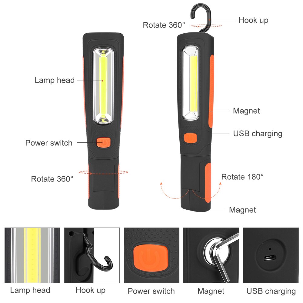 Lámpara de trabajo con gancho magnético de 3800 lúmenes, batería recargable integrada, linterna LED de 360 grados, Cargador USB, 2 modos