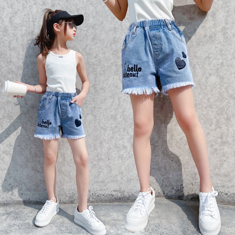 Meisjes Brief Denim Shorts Zomer Kinderen Pants Kinderen Kwastje Liefde Broek