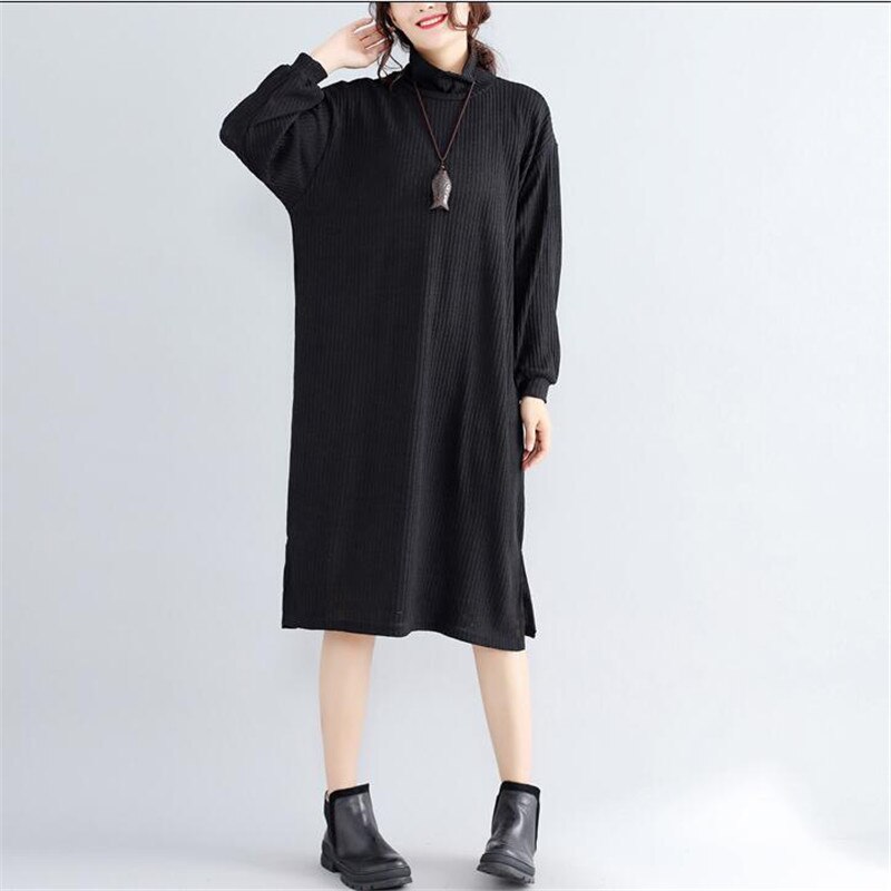 Women Autumn Winter Sweater Dresses loose casual Turtleneck plus size black gray Robe Long Knitted Dress: Black