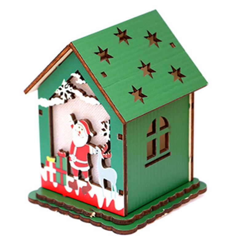 Casa de madera LED Chalet muñeco de nieve decoración de Navidad ciervo adorno de Papá Noel F: 2