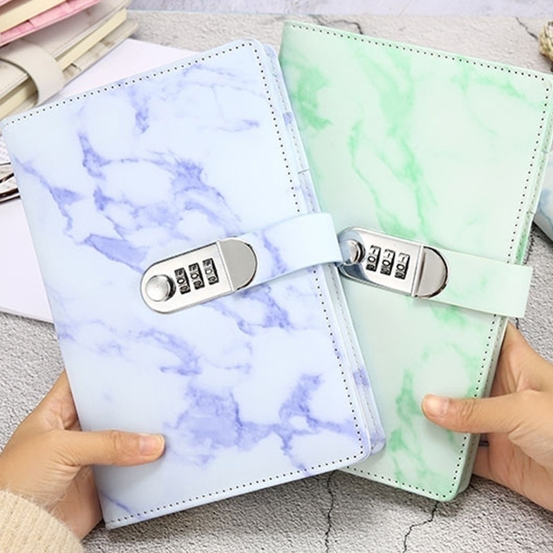 Adgangskode notesbog marmor tekstur 100 ark personlig dagbog med låsekode tyk notesblok læder kontor skoleartikler