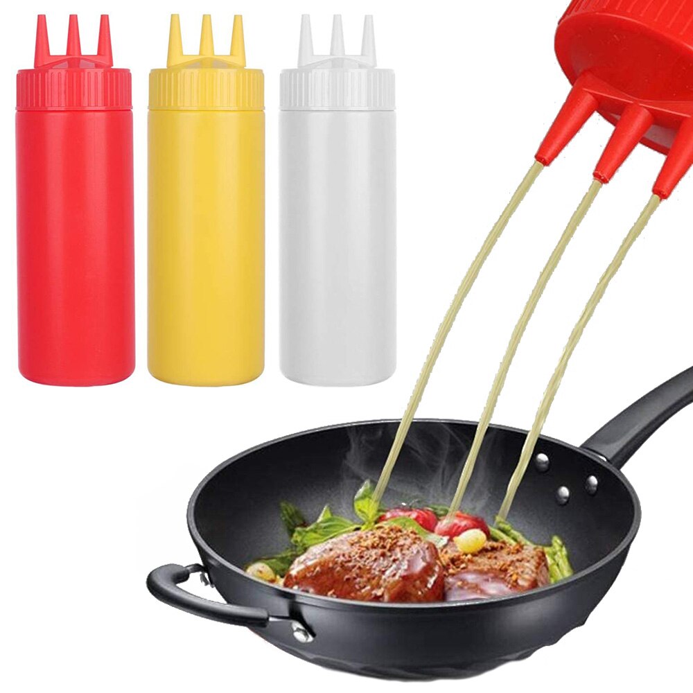 3 Hole Squeeze Bottle Plastic Oil Vinegar Bottles Condiment Dispenser Sauce Bottle Ketchup Salad Cruet Can Kitchen Gadgets