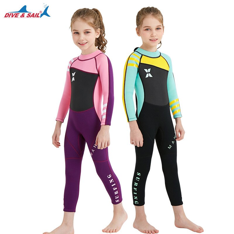 Lycra 2.5mm kids wetsuit girls long-sleeved surf suit, drifting suit,snorkeling suit,diving suit, quick-dry one-piece swimsuit