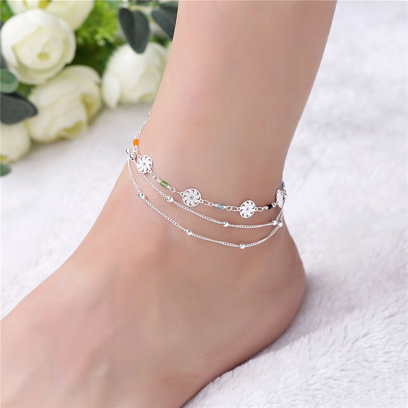 925 Sterling Silver Flower Charm Ankle Bracelet For Women Girls Luxury Cute Anklet Jewelry Pulseras Mujer CB091