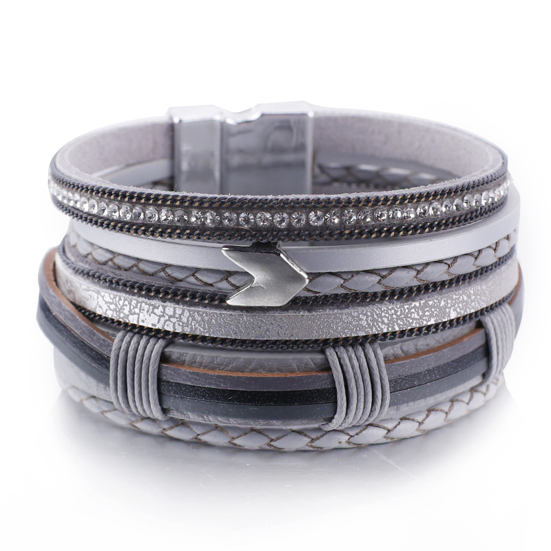 Flashbuy Simple Braid Lichtmetalen Arrow Lederen Armband Voor Vrouwen Bohemian Wide Wrap Armbanden Mode-sieraden: Gray