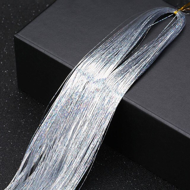 Hair Tinsel Strands Of Hair Colored Hair Strands Glitter Hair Extensions For Braids Hair Dazzle Braids With Elastic Extensiones: Silver 