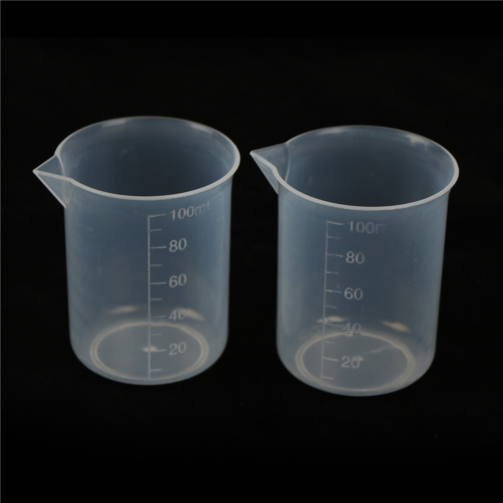 2 uds 100mL graduado vaso de vidrio de borosilicato de plástico transparente conjunto de vasos de agua de laboratorio escolar suministros de estudio