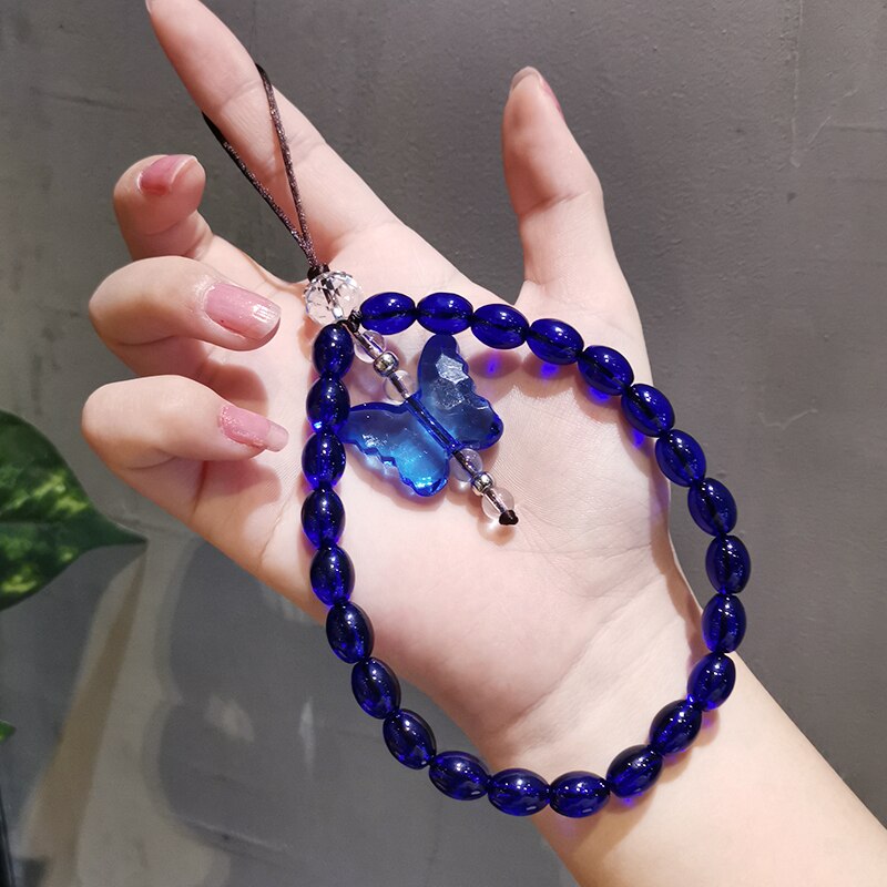 Crystal Bead Butterfly Mobile Phone Chain Cellphone Strap Anti-lost Lanyard For Women Summer Wrist Jewelry: blue