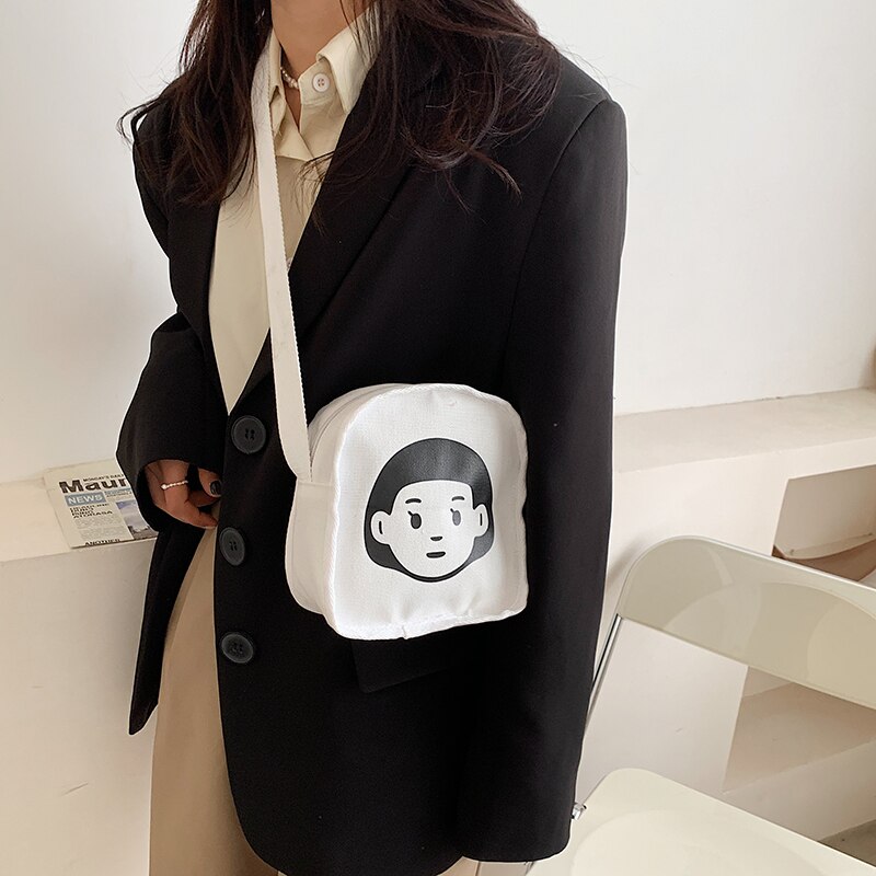 Adolescentes moda caráter padrão mini bolsa de lona alça larga bolsa de ombro para mulheres estilo japonês aleta casual sacoche homme