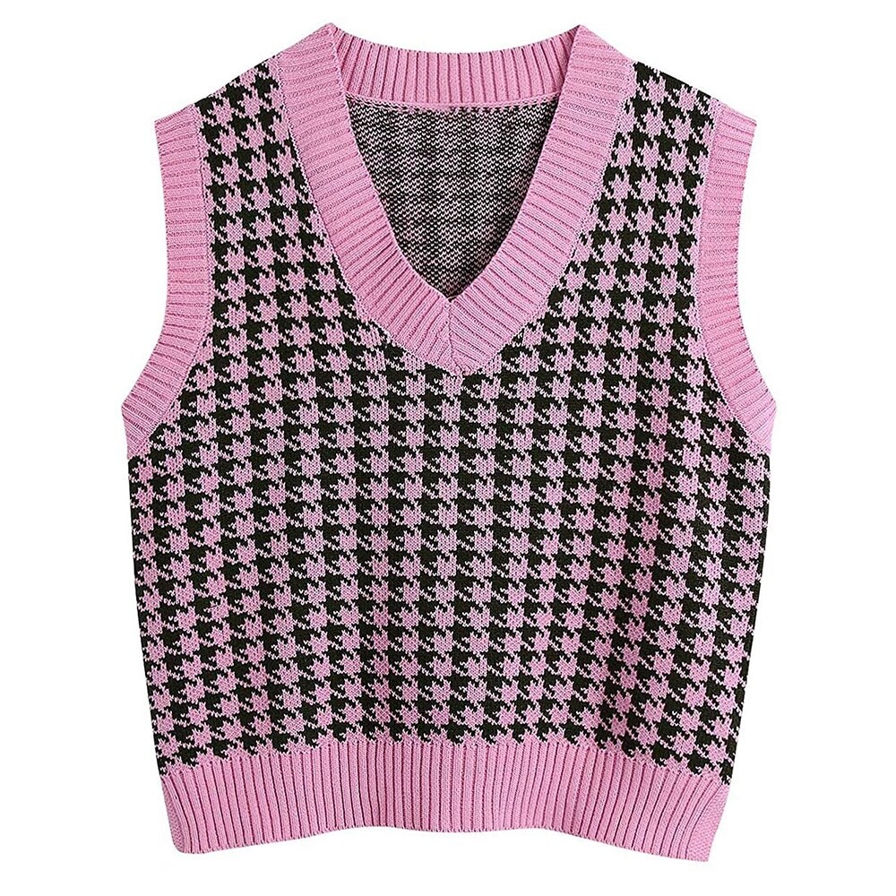 Femmes pull gilet automne tricoté pied de poule col en v pull surdimensionné sans manches femme gilet pull hauts: Rose red1 / L