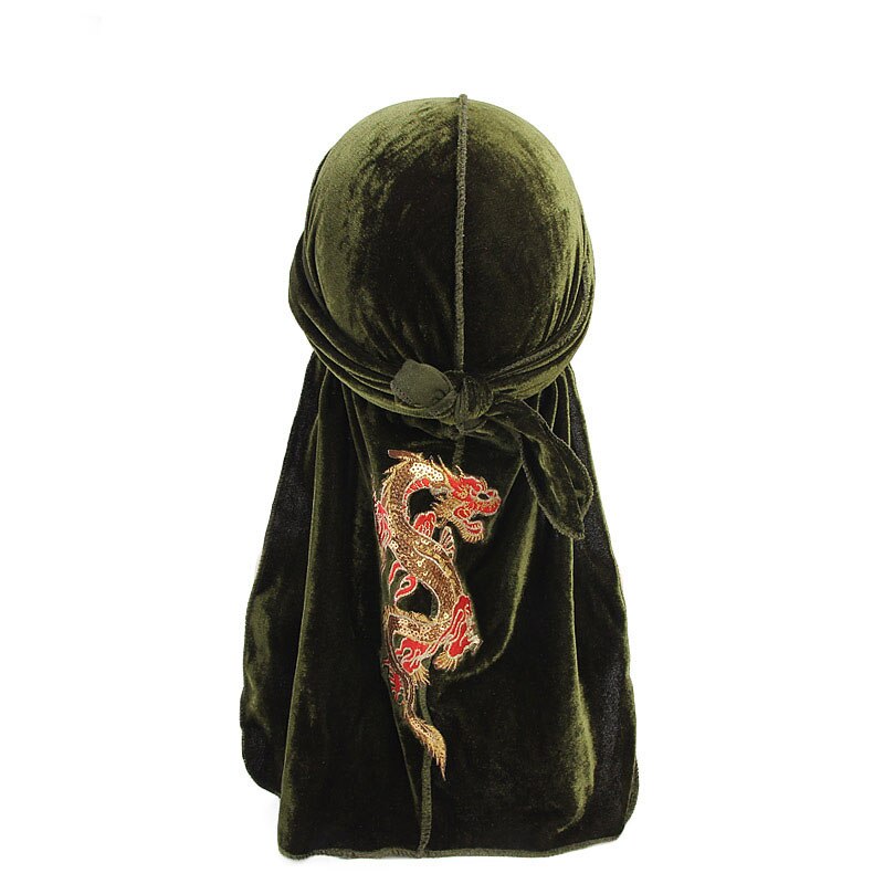 Fløjl durags til mænd dragon mønster durags headwrap hovedbøjle sort lang hale doo-klude pirat hat bølge kasketter: Militærgrøn