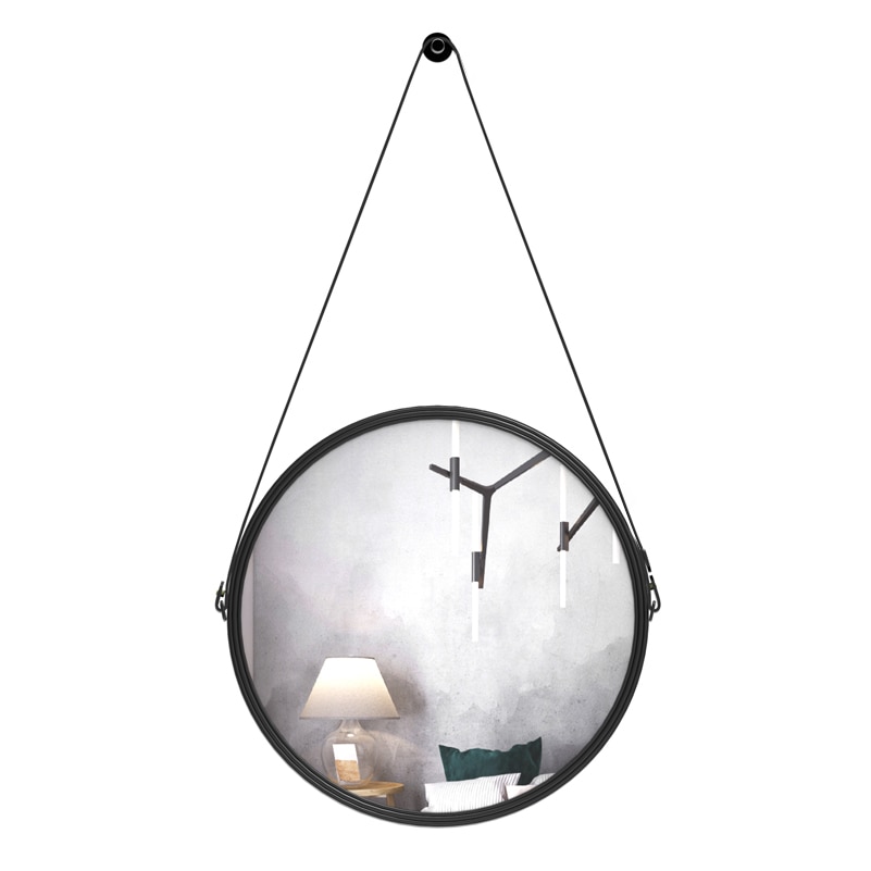 Pu läder rund väggspegel dekorativ spegel med hängband inklusive krok/hängare, diameter 11.8 tum, heminredning
