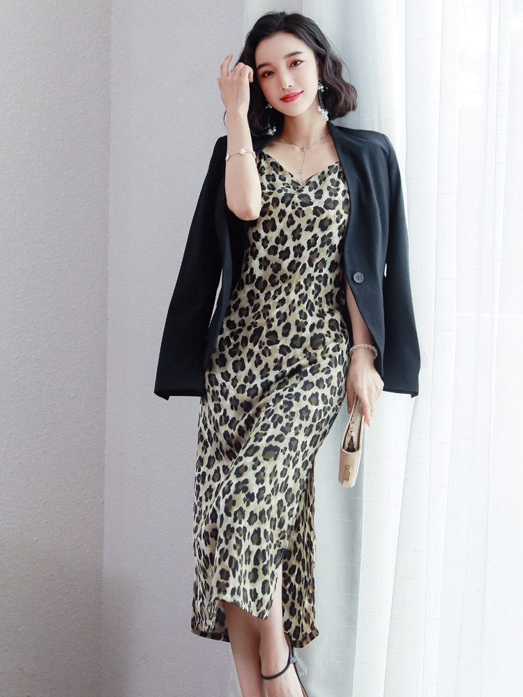 Vintage Leopard Print Side Folk Underdress Spaghtti Strap Women Full Slips Slim All-match V-neck Long Slips