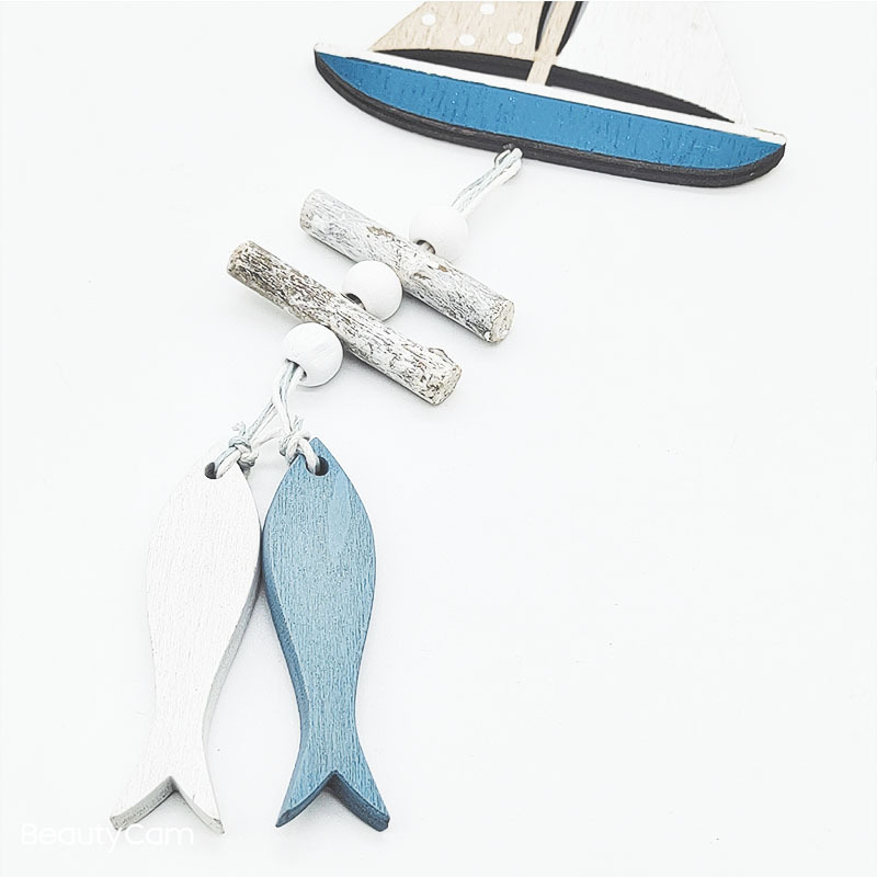Colgante de madera de estilo marino, decoración colgante de pared de barco de peces pequeños, creativos, artesanías de viento del océano, decoración del hogar