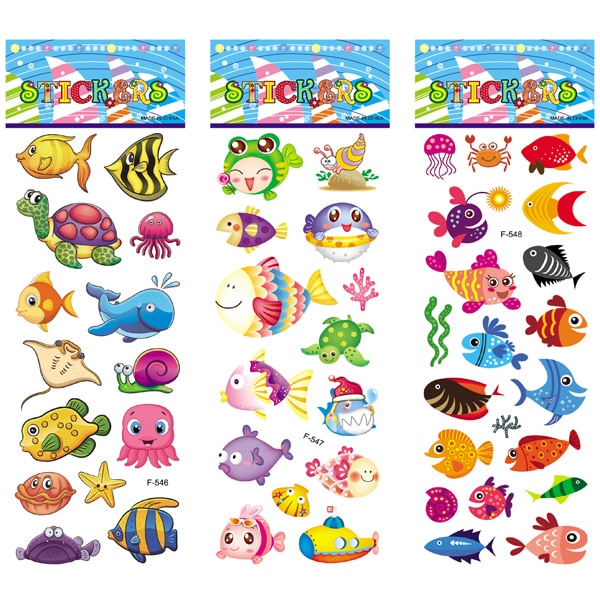 12 Sheets/Pack Kids Stickers Toy Cute Seabed Animals Fishes PVC Sticker for DIY Scrapbooking Diary Phone Stickers