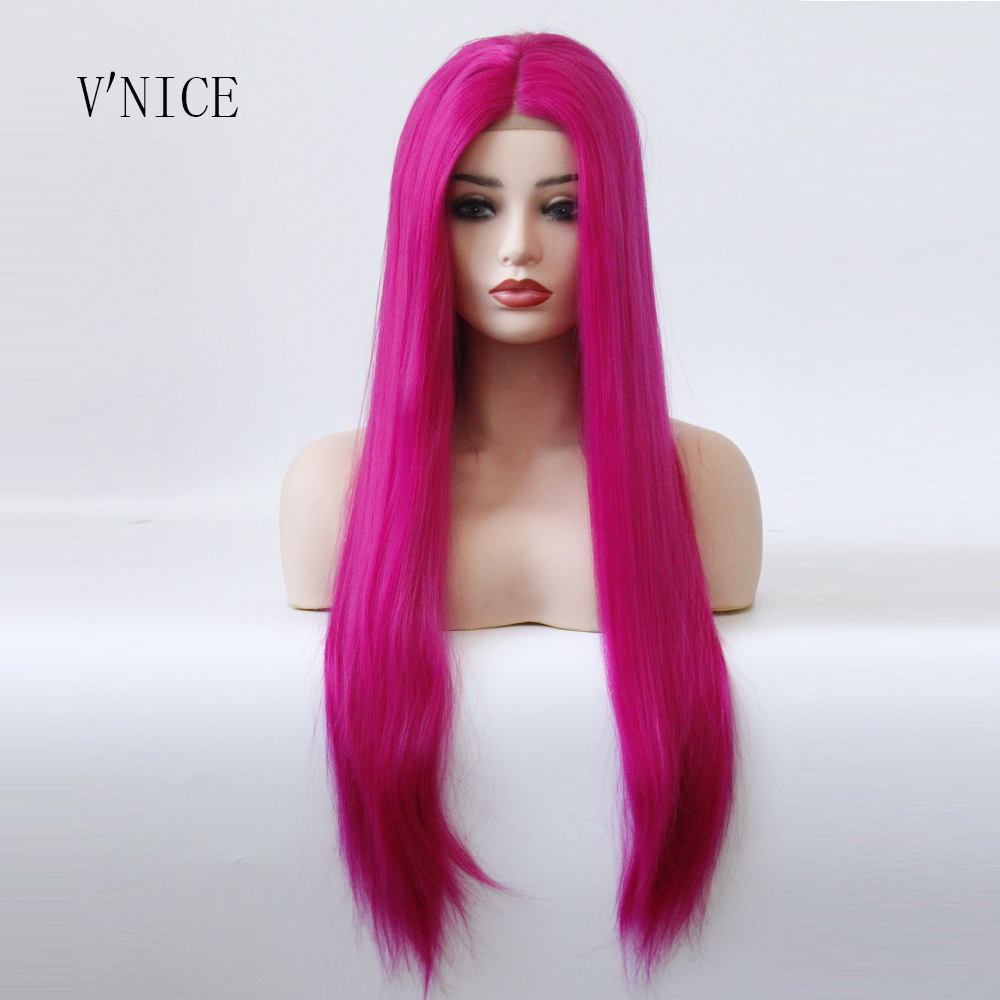 Parte media peluca atada a mano Color rosa rojo liso resistente al calor Cosplay del pelo Drag Queen sin pegamento pelucas sintéticas de encaje frontal