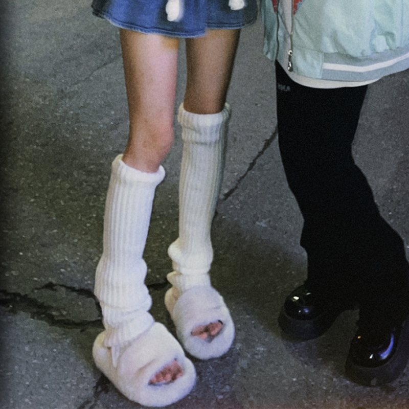 Pile Style-rodilleras estilo Lolita para mujer, calcetines de pantorrilla blancos cálidos, mallas largas punk, calentadores de piernas, Primavera, Otoño e Invierno: Blanco