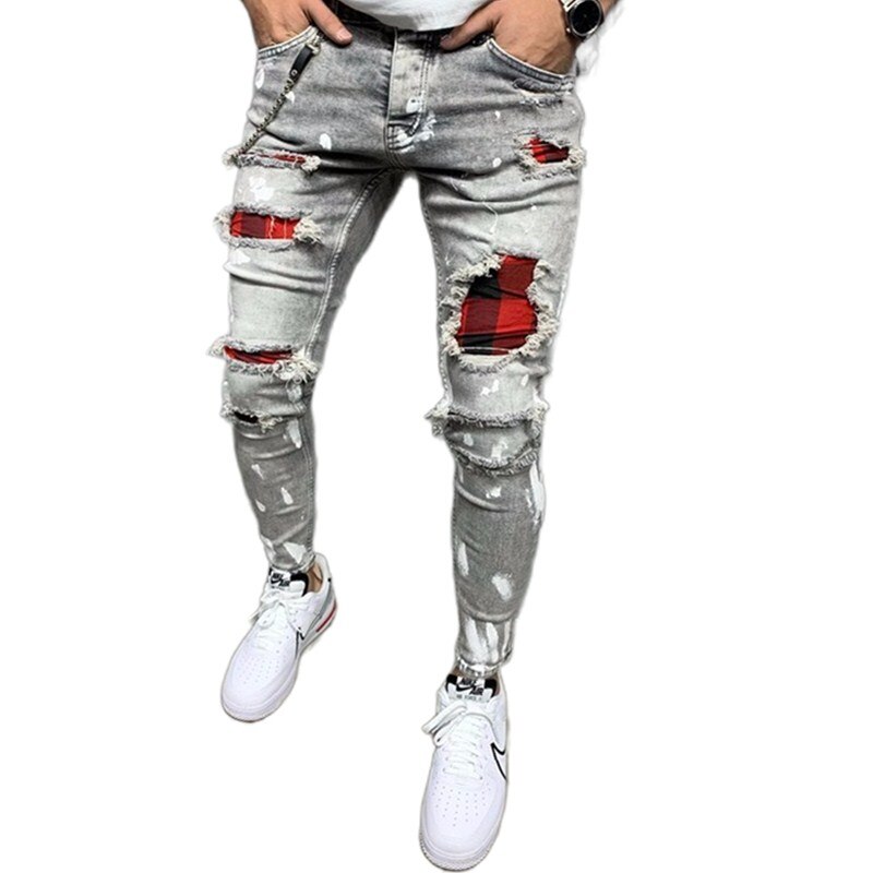 Pantalones con rasgado para hombre, pantalones vaqueros con rasgado y estampado de rejilla, con parche, tamaño grande S-3XL