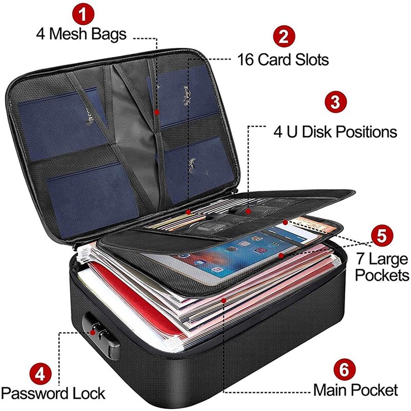 Bolsa impermeable para documentos, conjunto de bolsas de almacenamiento de 4 capas con bloqueo de código, para archivos A4/A5, pasaporte