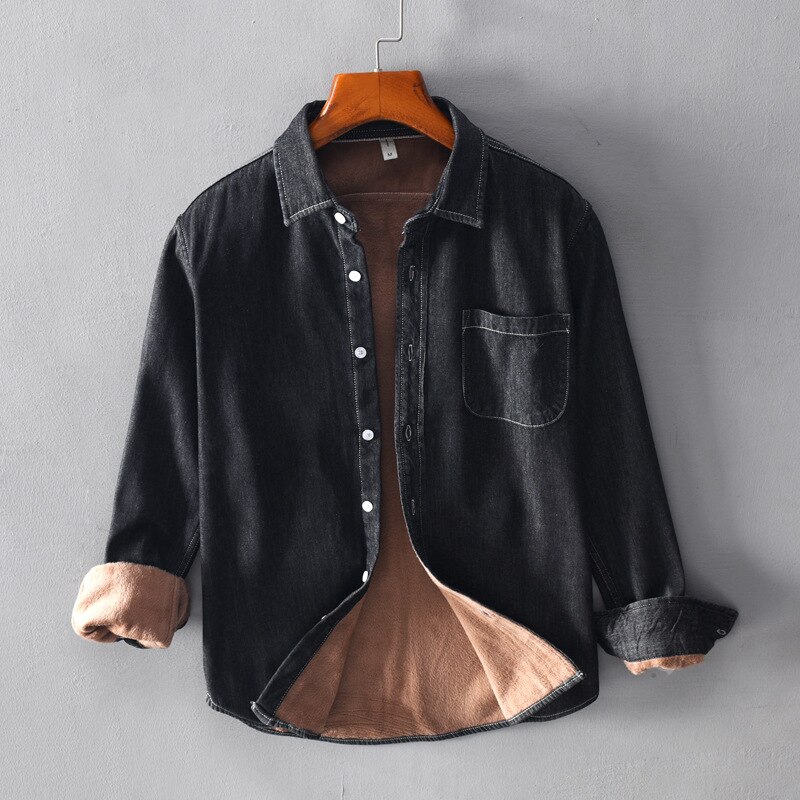 Men Winter Thick Slim Fleece Warm Slim Long sleeve Casual denim shirt male Velvet Jeans Shirts camisa masculina 3XL: black / XXXL