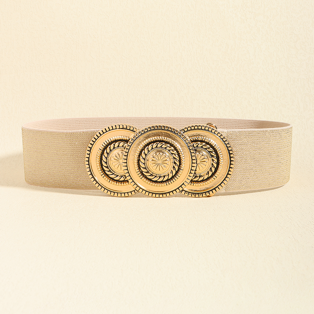 A nova fivela de cintura elástica brilhante retrô cinto exagerado com um casaco blazer é elegante e elegante para mulheres: Bege