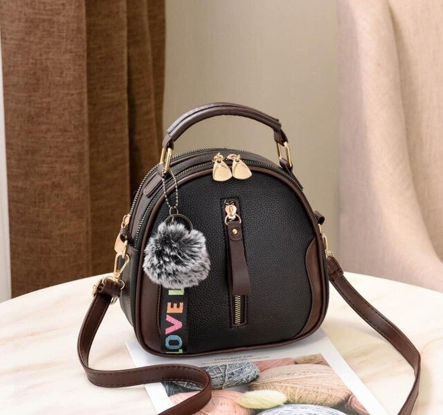 Yogodlns Solid Color Women Shell Bag Portable Shoulder Bag PU Leather Female Bag With Gray Hair Ball: black