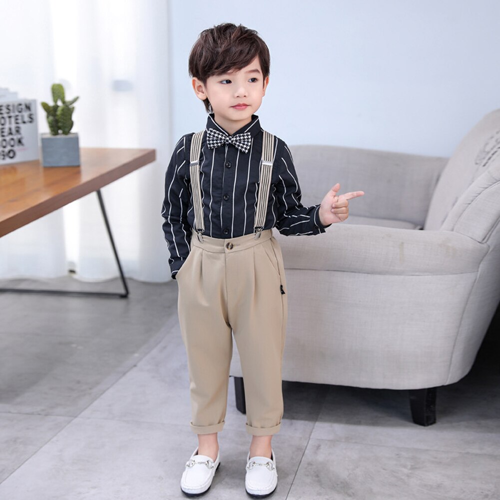 LOLANTA-Conjunto de ropa para niños de 2 a 11 años, camisa de vestir con pajarita + Pantalones de tirantes, para boda, cumpleaños