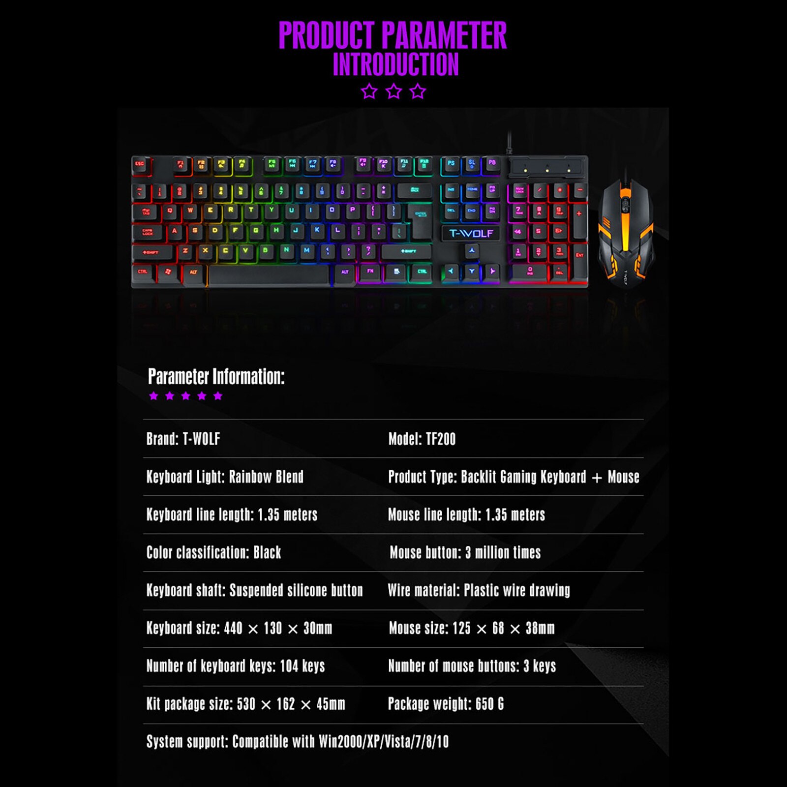 TF200 Rainbow Backlight Usb Ergonomic Gaming Keyboard and Mouse Set Gaming keyboard Wired Gaming Mouse Kit 104 Keycaps