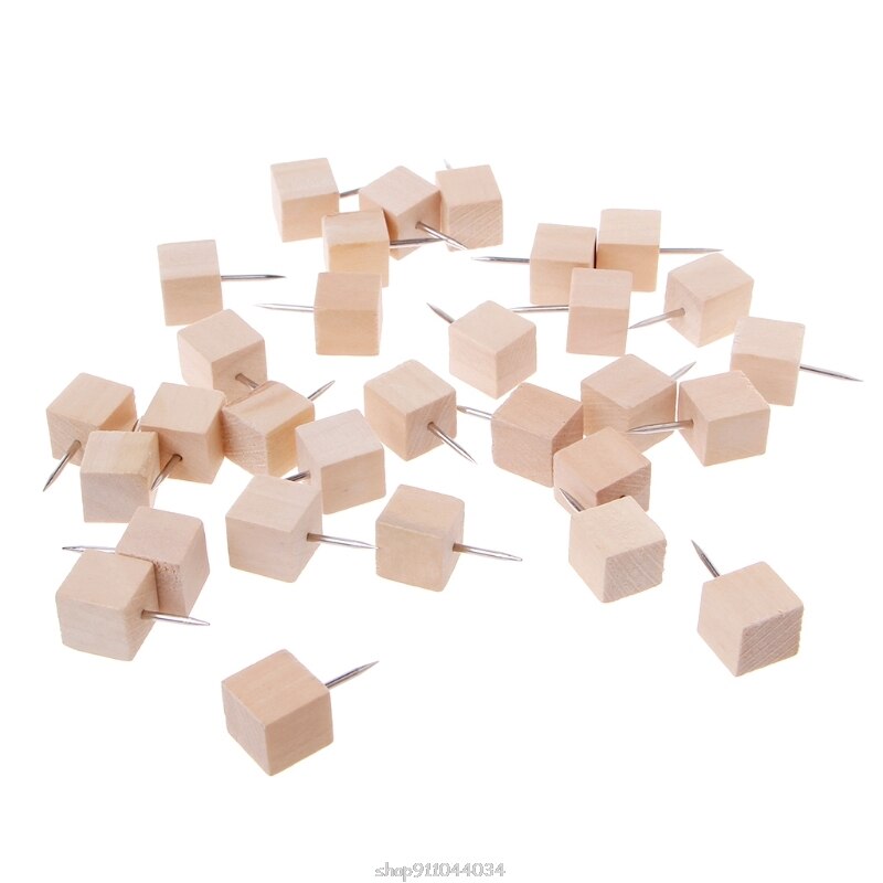 30 Pcs Wooden Thumbtack Quadrate Decorative Drawing Push Pins Wood Head Mar03 21