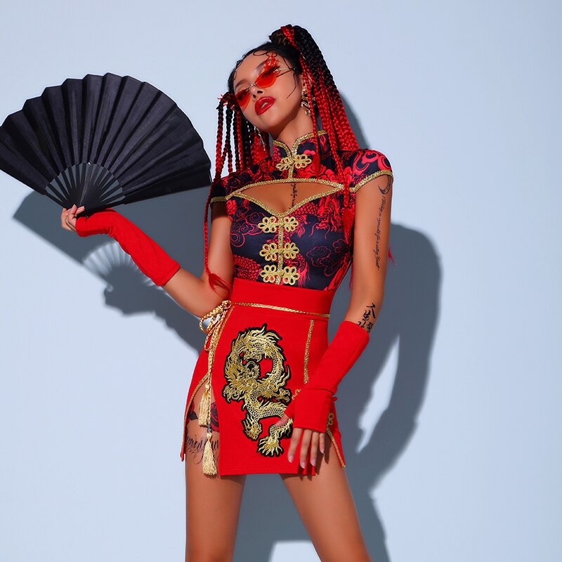 Estilo chino Sexy de dragón mostrar traje de las mujeres bailarina equipo Jazz baile de Hip Hop rendimiento ropa Vintage Vestido corto vestido