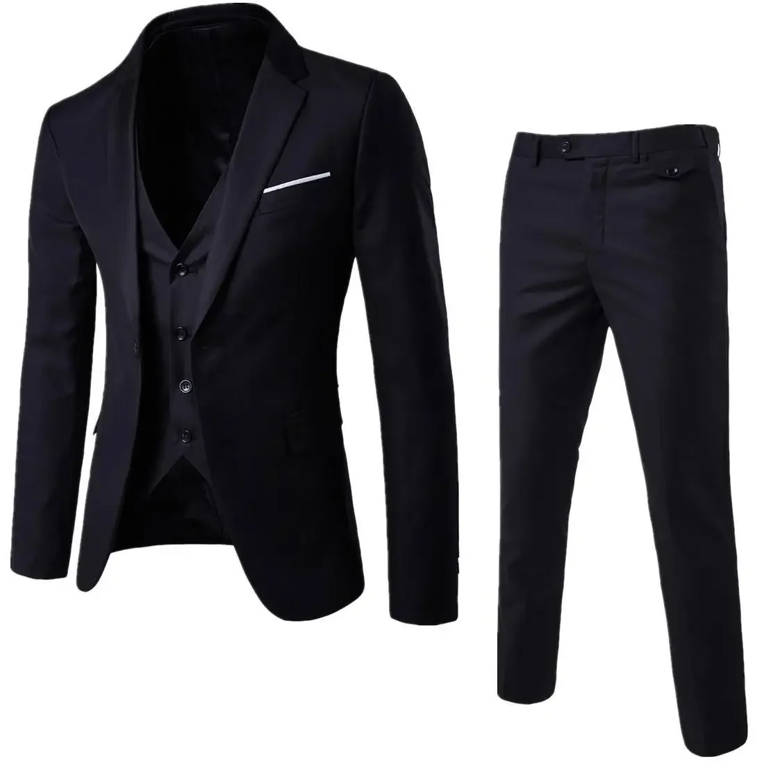Trajes informales de negocios para hombre de cuatro estaciones, tres piezas, chaleco de un solo pecho con cuello en V, chaqueta de traje de un solo botón + pantalones de trajes: S / Beige