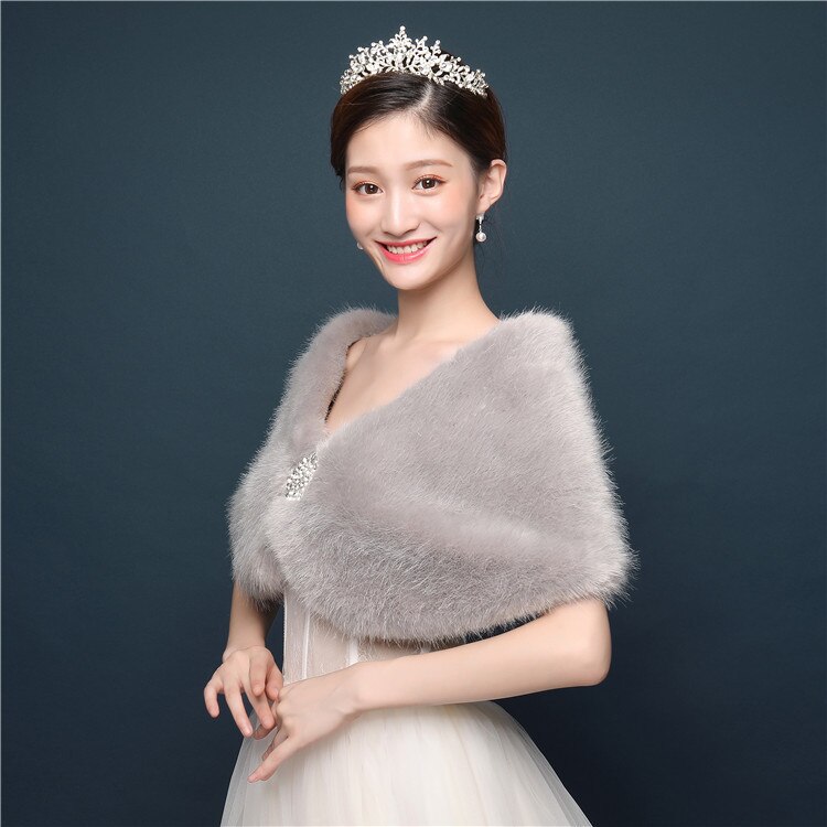 JaneVini Winter Grau Pelz Abend Bolero für Frauen Perlen Stift Braut Umhänge Stola Hochzeit Faux Fell wickeln Schal Partei Mantel Bolero