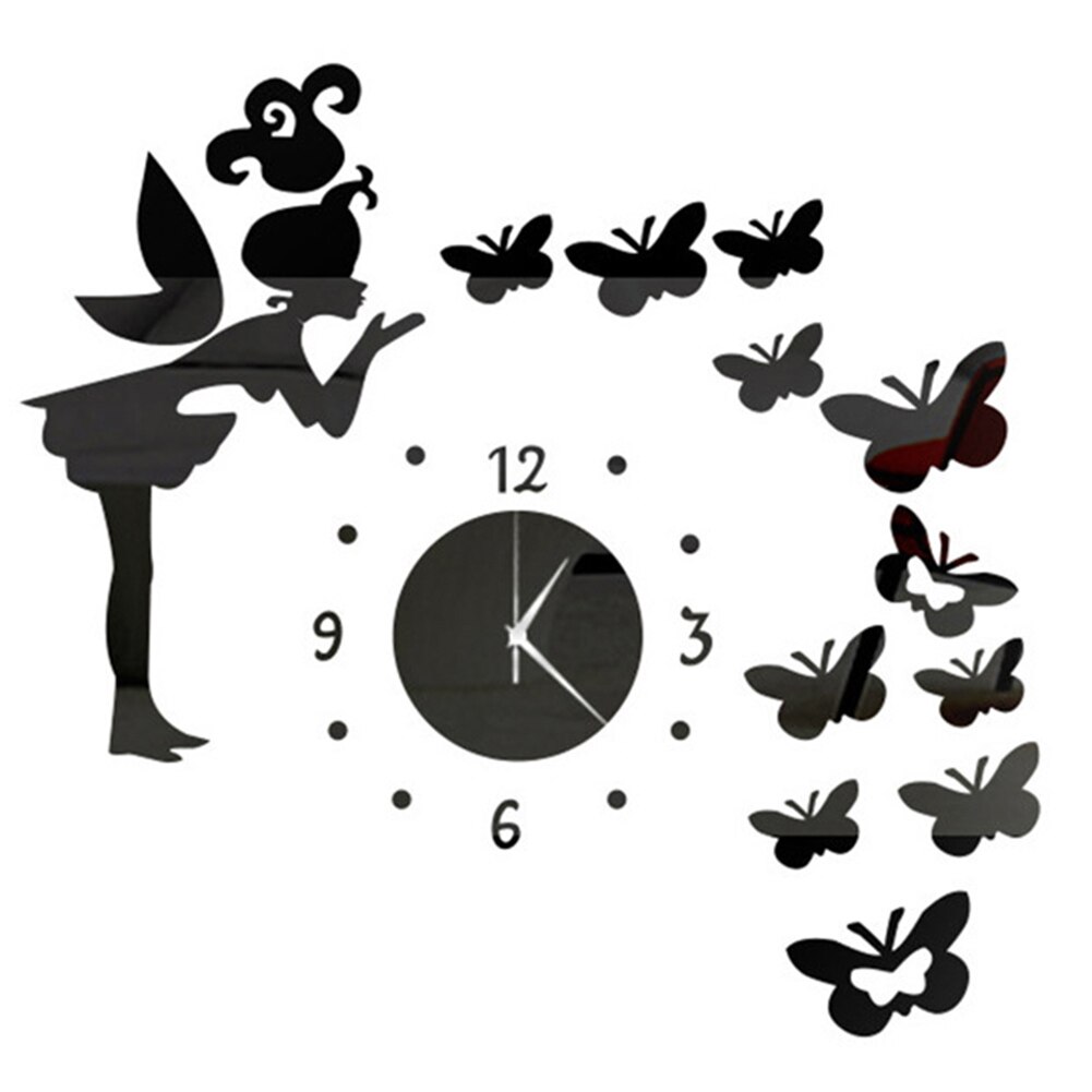 3d kunstspiegel vlinder fee muursticker klok sticker diy kinderkamer woondecoratie lxy 9: Zwart