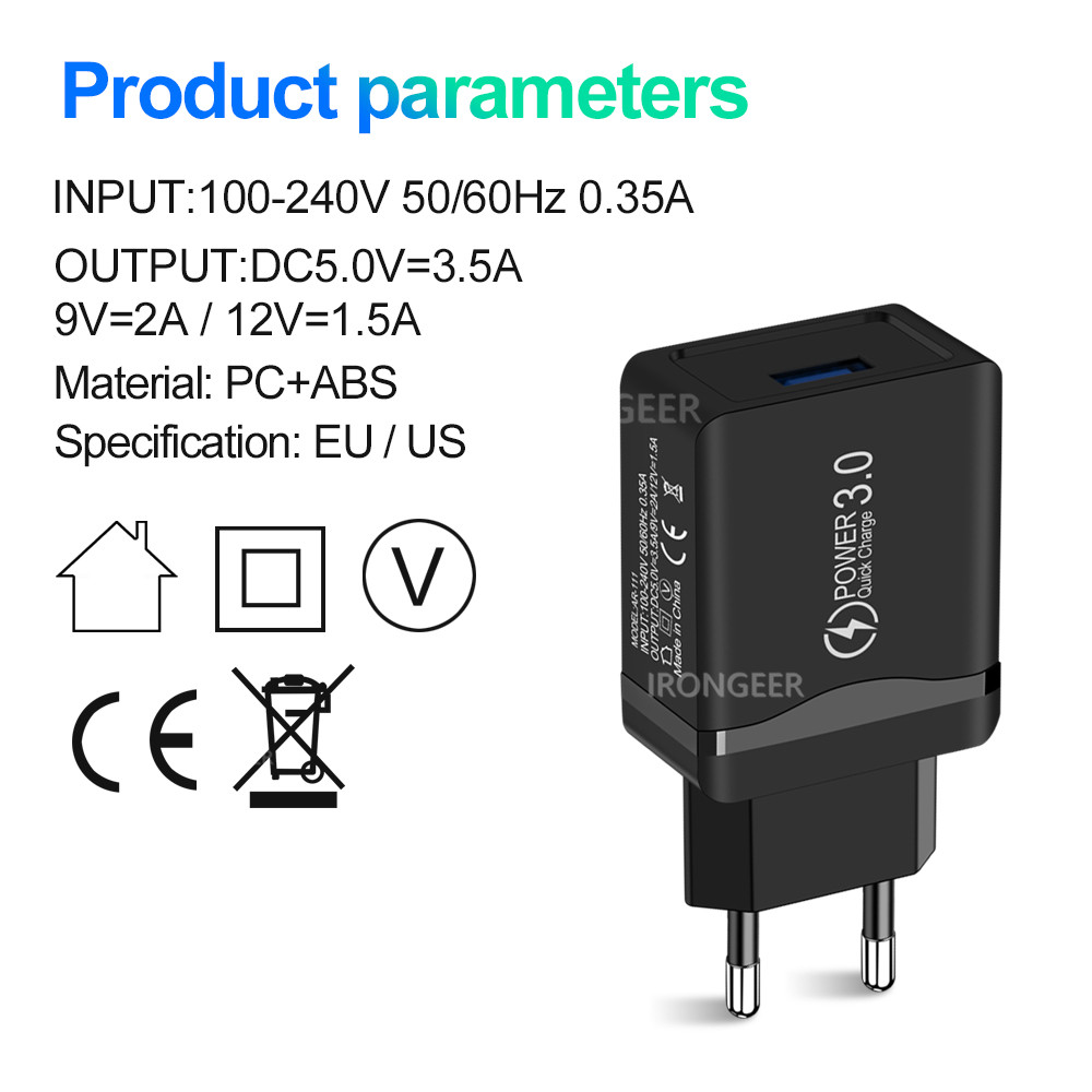 18W Quick Charge 3.0 USB Charger for iPhone 11 XR Xiaomi Huawei EU/US Plug QC 3.0 4.0 Fast Charger Adapter for Samsung S10 Plus