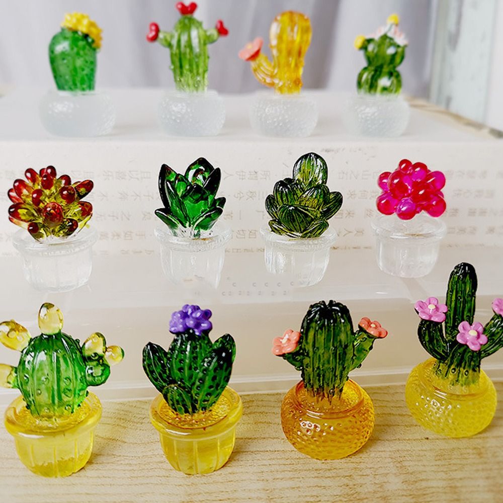 Cartoon Cactus Bonsai Decor Resin Crafts Transparent Fleshy Mini Cactus Figurines Realistic Simulated Cactus Home Accessories