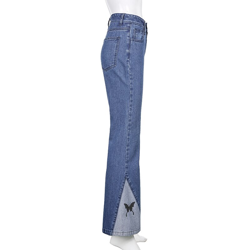Damskie patchworkowe nadruk z motylem spodnie jeansowe Vintage Cyber Y2k workowate jeansy rozkloszowane 90s spodnie Harajuku Jogger nowa, w stylu Streetwear