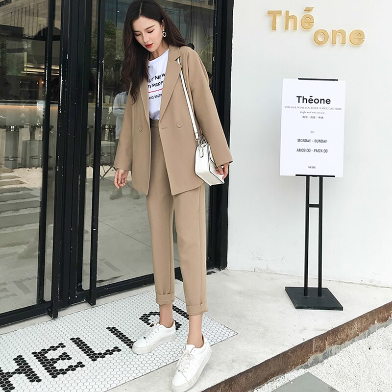 Autumn Casual Solid Women Pant Suits Notched Collar Blazer Jacket & Pant Khaki Female Suit 2 Pieces set
