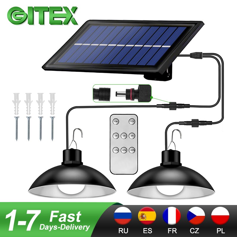 Luces colgantes de doble cabeza impermeables IP65, lámpara Solar para interior y exterior, luces de cobertizo con Cable alimentadas por luz Solar para patio, Camping, etc.