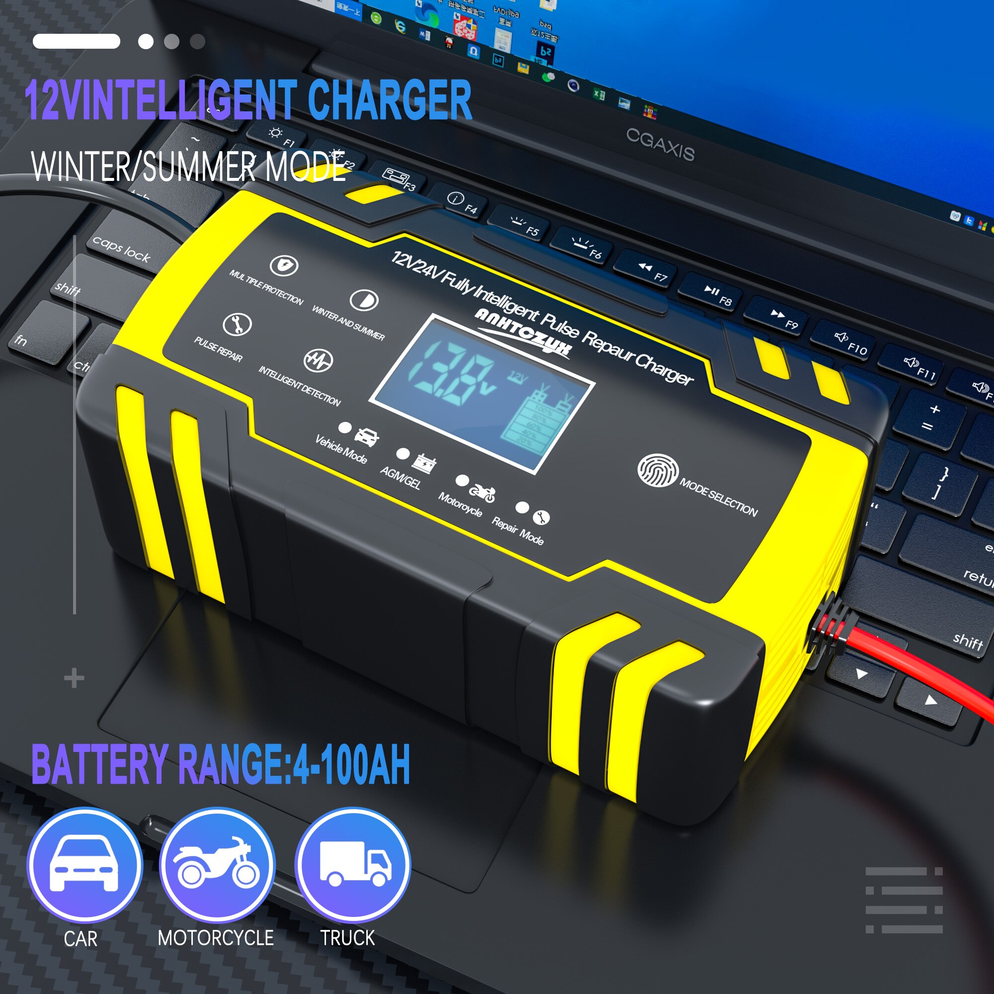 OBD2 24V 4A 12V 8A Full Automatic Car Battery Charger Pulse Repair LCD Display Smart Fast Charge AGM Deep Cycle GEL Lead-Acid