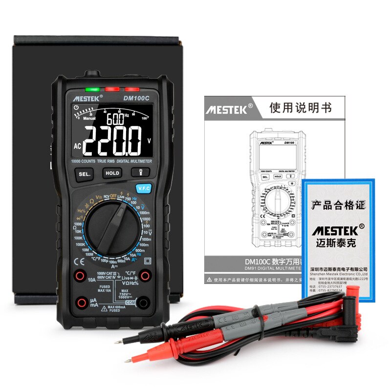 MESTEK DM100C True-RMS Digital Multimeter Button 10000 Count with Analog Bar Graph AC/DC Voltage Ammeter Current Ohm Manual/Auto