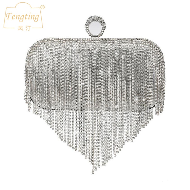 Mode Diamant Kwastje Avondtassen Vrouwen Handtassen Wedding Party Mini Clutch Purse Rhinestone Vrouwelijke Diner Zilveren Tas FT336