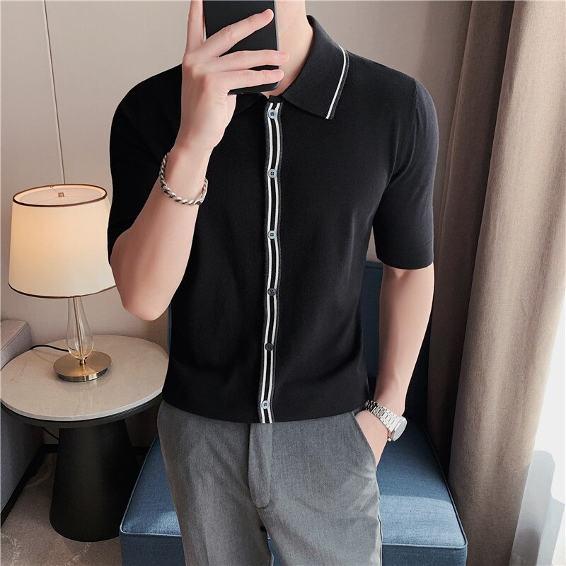 POLO de punto de manga corta para hombre, cárdigan ajustado de tendencia británica, con solapa de contraste de Color, informal de negocios, de verano