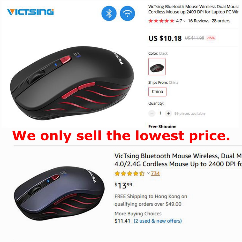 VicTsing Bluetooth Mouse Wireless Dual Mouse Portable Ergonomic Bluetooth 2.4G Cordless Mouse up 2400 DPI for Laptop PC Windows