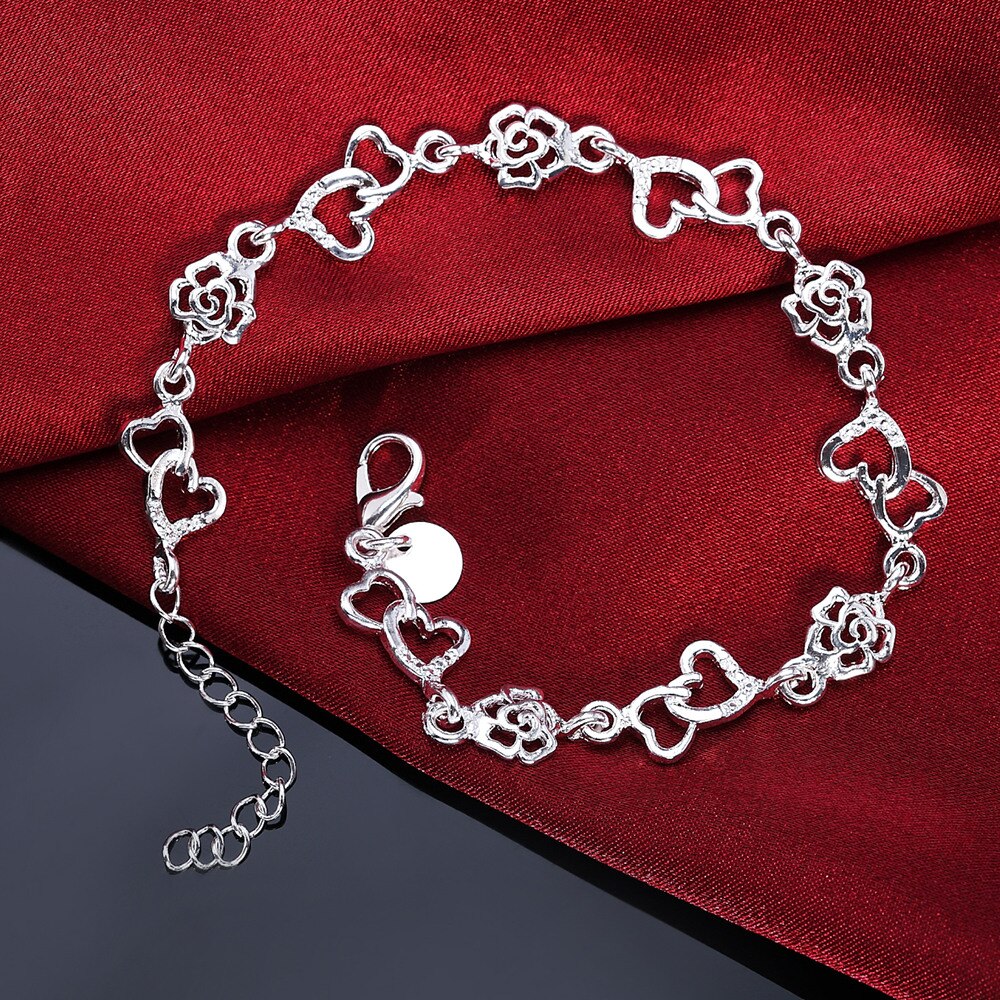 Beautiful 925 Sterling Silver Bracelet for women bracelet HEART lovely FLOWER chain Wedding Party cute lady nice jewelry