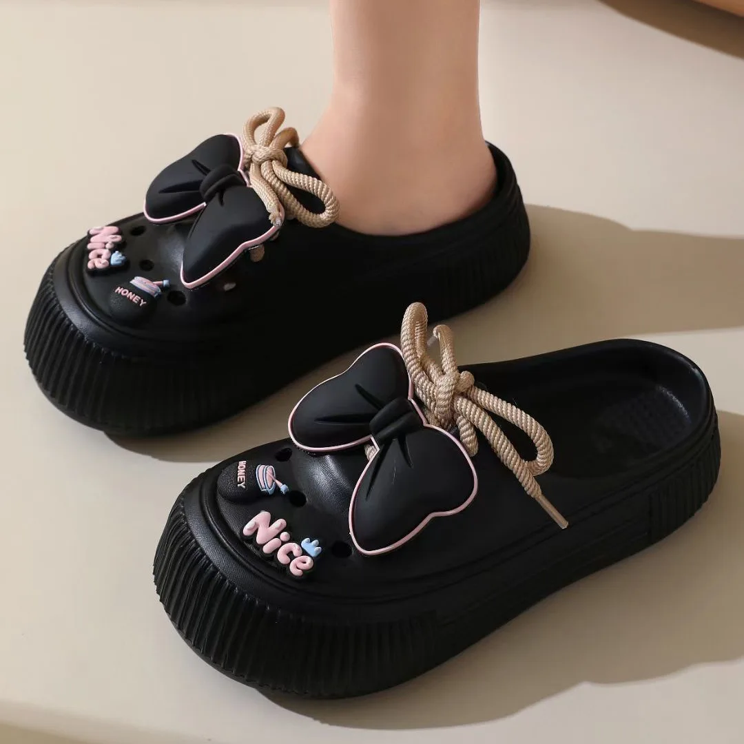 Precioso lazo zapatillas de mujer sensación de verano ropa exterior Eva suela gruesa hogar interior mujeres agujeros zapatos sandalias playa jardín zapatos
