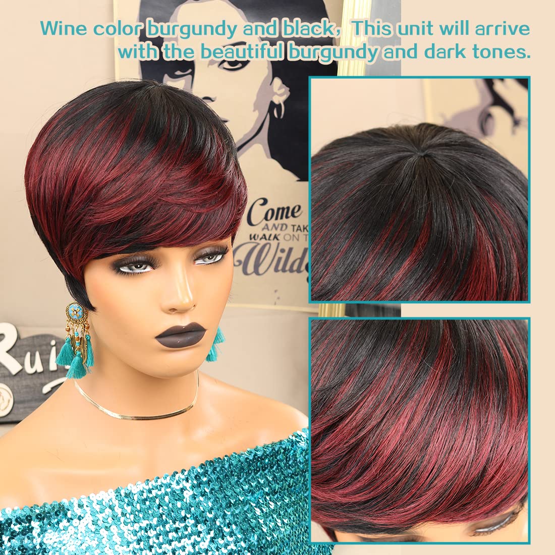 Pelucas cortas de corte Pixie para mujeres negras, pelucas cortas con flequillo, pelucas negras con capas marrones, pelucas de cabello Real Bob corto sin pegamento para Wo