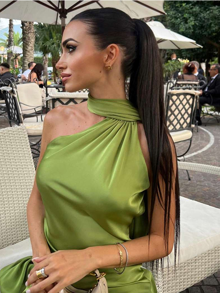 Sexet satinbånd festkjole kvinder halterneck rygløs off-shoulder ærmeløs kvindelige kjoler sommer solid kåbekjole
