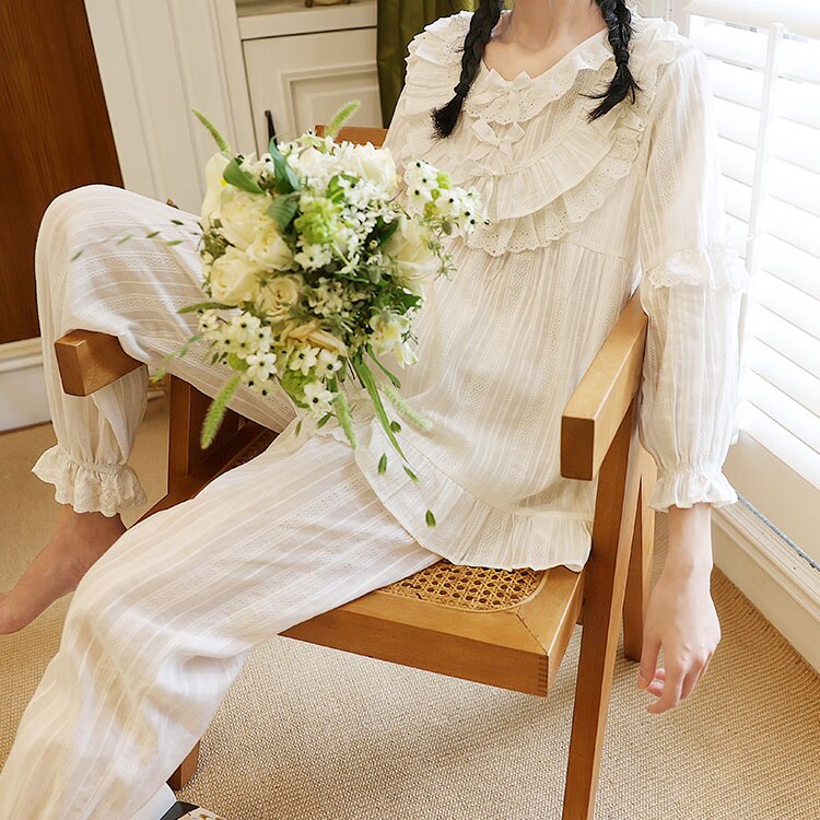 Søde kvinder prinsesse flæse pyjamas sæt toppe+bukser.vintage dame hvid jacquard stof pyjamas sæt viktoriansk pige & #39 ;s hjem nattøj