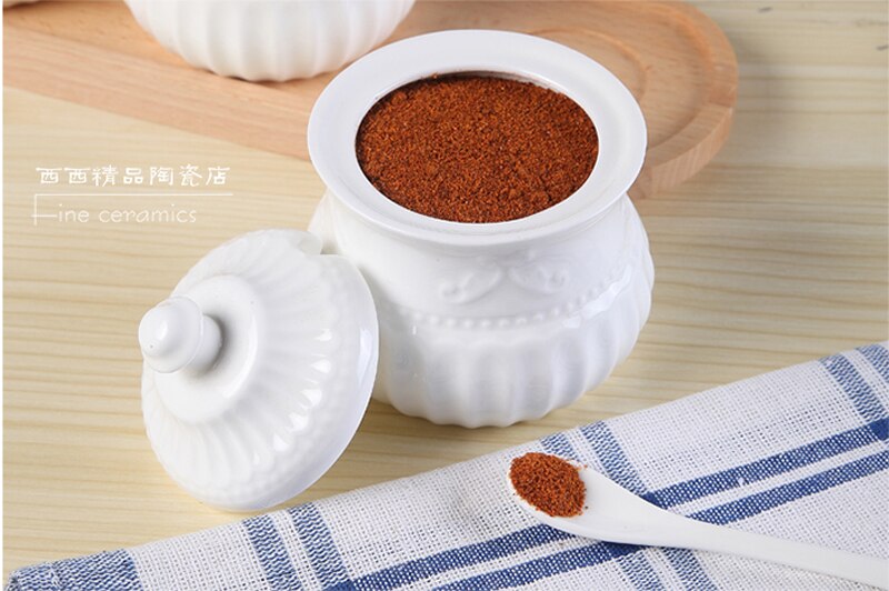 Tazón de azúcar de porcelana en relieve blanco liso con cuchara, contenedor de azúcar, tarro de azúcar, dispensador de azúcar de cerámica, tarro de sucrier con cuchara