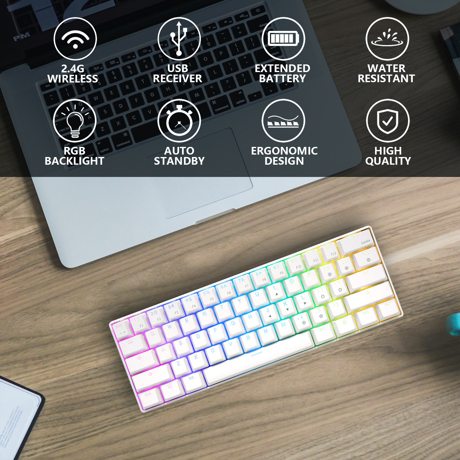 RedThunder Rechargeable Wireless 60% Mechanical Keyboard, True RGB Backlit, 61 Keys Compact Layout Keyboard for Laptop PC Mac